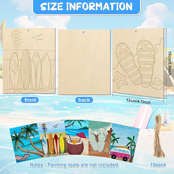 COCHIE 10 Pieces Large Summer Unfinished Wood Crafts to Paint for Adults, Bulk Predrilled Wooden Ornaments for Painting, Beach Paintable Wood Slices Craft Supplies with Ropes