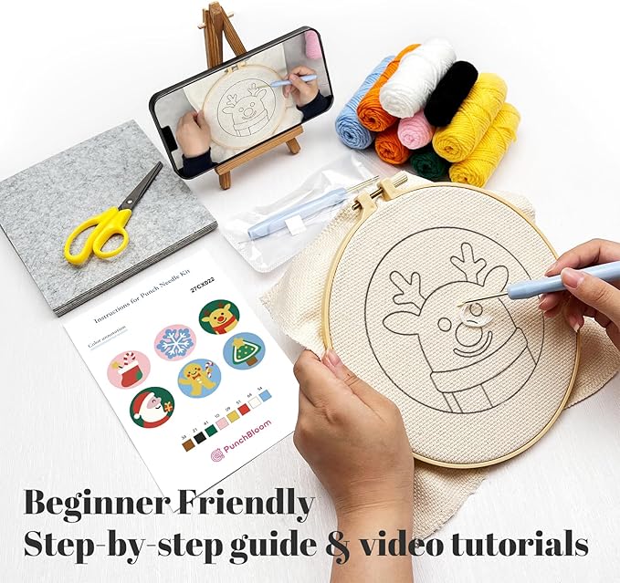 Christmas Punch Needle Kit for Adults Beginners, Easy Punch Embroidery Coaster Starter Set with Instruction – Fun Mug Rug Making Kit for Table Decor & Festival DIY Gifts