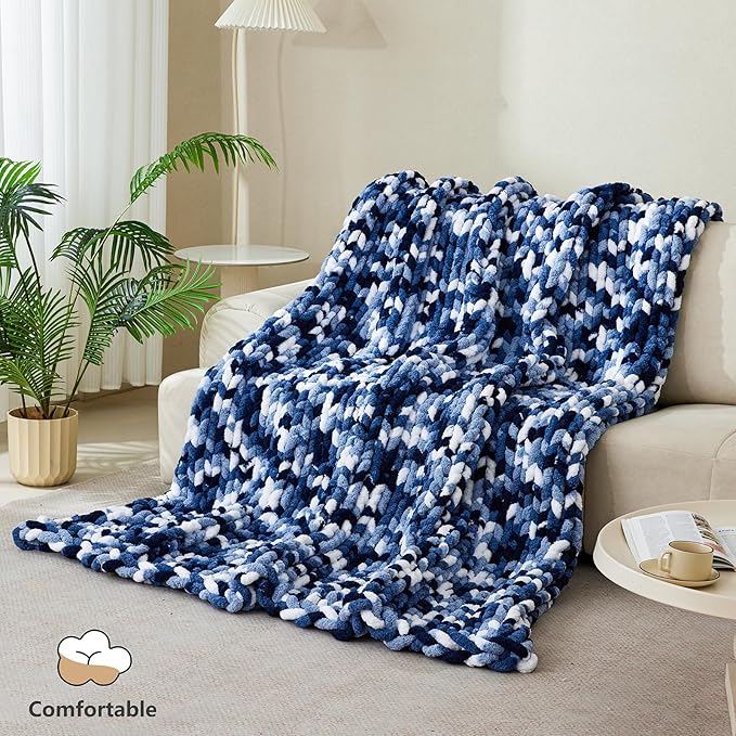 Chunky Yarn for Hand Knitting - #10 Chunky Chenille Blanket Yarn, Jumbo Big Thick Chunky Yarns for Crocheting, Tie Dye Bulky Knit Yarns, 8 Skein (25 yds 8 oz Each Skein), Multi Blue & White