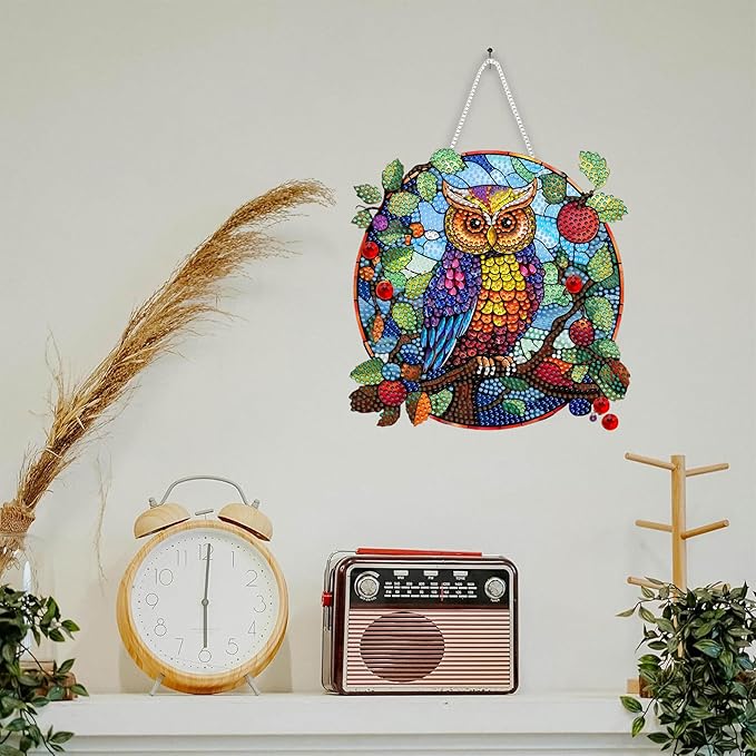 SKRYUIE Owl Hanging Diamond Art Kits for Adults Pendant Suncatcher, Special Shaped Crystal DIY Pearl Diamond Painting Kit, Gift for Mother Spring Summer Window Wreath Decor 7.72 x 7.64 Inch A10