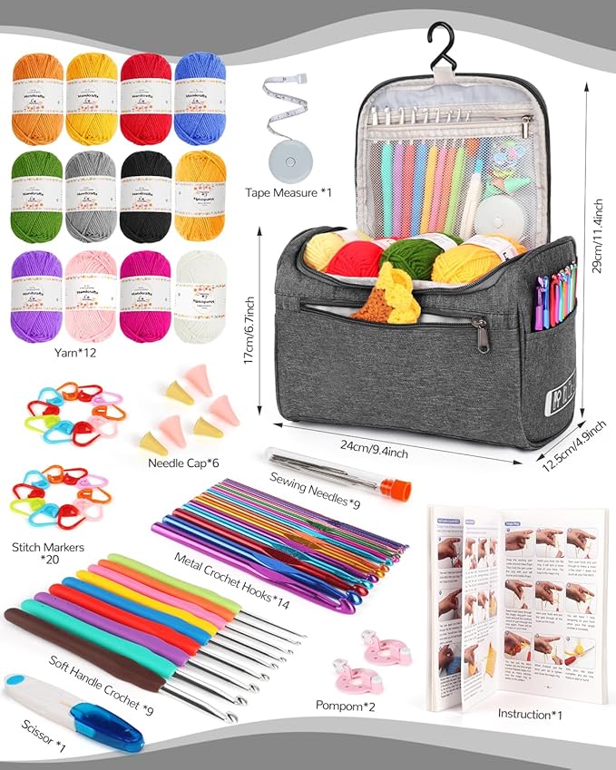 Aeelike Crochet Kit for Beginners Young and Old, First Crochet Kit for Adults Include 23pcs Crochet Hooks, 655 Yards Yarn Set for Crocheting, Instruction, Bag, Crochet Accessories and Supplies, Grey