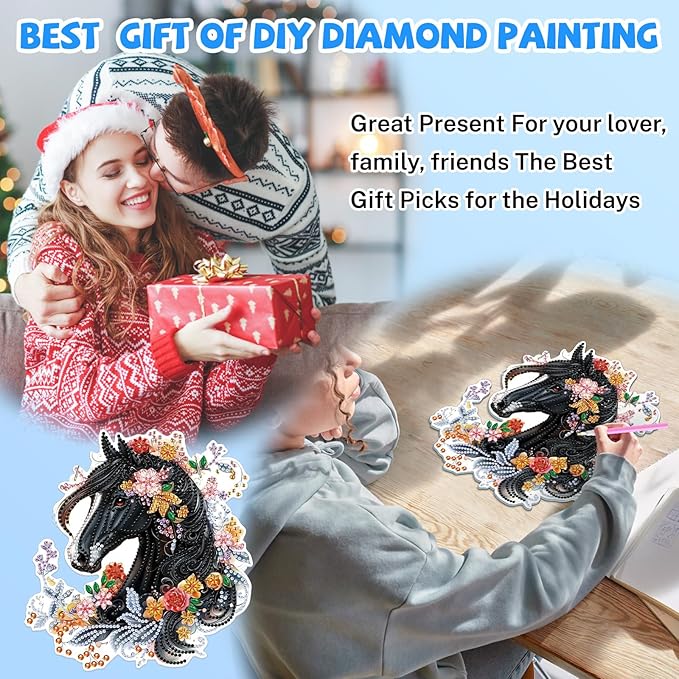 Bowetile Hanging Diamond Art Horse Kits for Adults, 5D Special Shape Diamond Painting Horse Kits, Animal Diamond Gem Art Suncatchers Painting Pendant Ornament for Home Garden Wall Decor