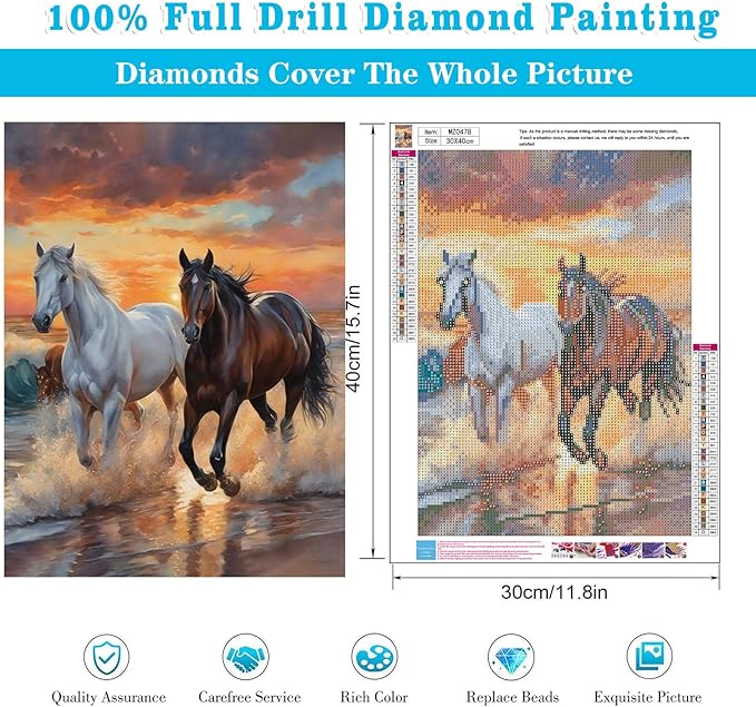 Meothan 2 Pack Diamond Painting Kits for Adults, 5D DIY Horse Diamond Art Kits for Adults Full Drill Round Paint Diamond Dots Gems Art Crafts Painting Kits for Home Wall Decor 12x16Inch Animals