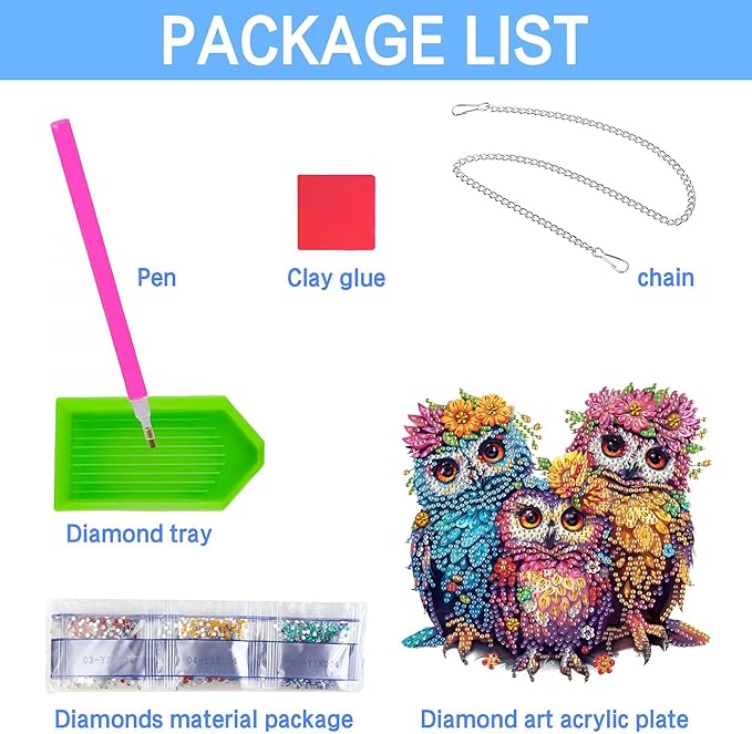 VAIIEYO Owl Diamond Art Hanging Ornament, Bird Animal Diamond Painting Suncatchers Window Hanging Kit with Chain, 7.5x7.5 inch Crystal Pendant Art Craft for Gift Home Wall Front Door Decoration