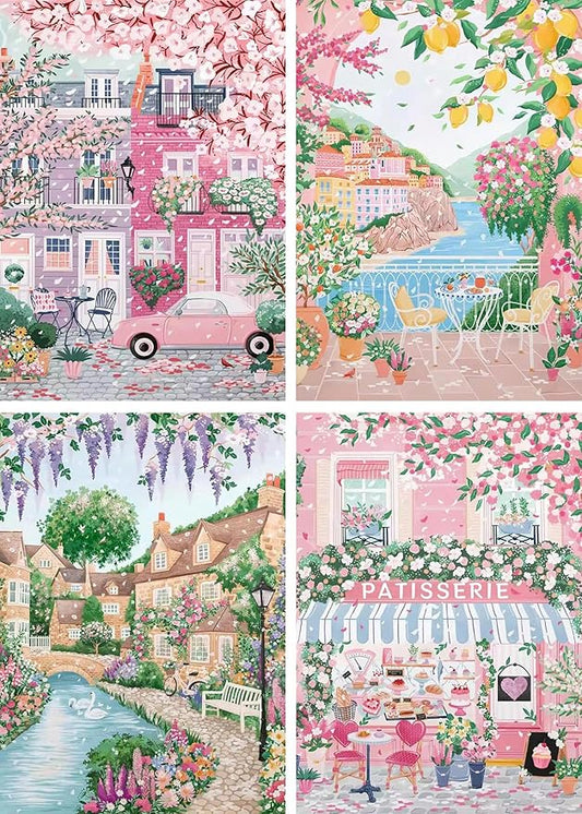4 Packs City in Love Diamond Art Kits for Adults, Diamond Painting Kits for Adults for Beginners, DIY Valentine's Diamond Dots Art Kits, 5D Full Round Drill Gem Art Painting Kits for Decor, 12x16in