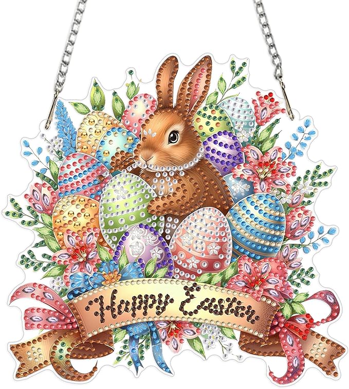 MEIYUDA Easter Bunny Diamond Art Hanging Kits for Adult, Colorful Eggs Diamond Painting Kits Ornaments, DIY Happy Easter Special Shaped Rhinestone Window Pendant for Home Garden Wall Decor Gift