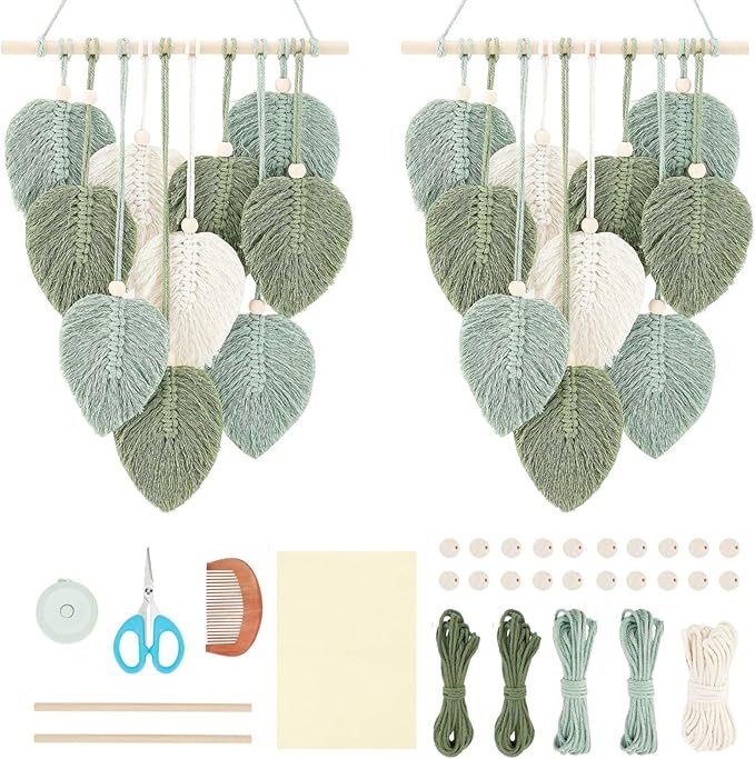 FREEBLOSS 2 Set DIY Macrame Leaf Wall Hanging Beginners Macrame Kit Leaf Woven Tapestry Feather Wall Hanging DIY Macrame Kit for Adults Birthday Gift