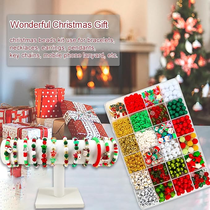 1456Pcs Christmas Bracelet Making Kit, Christmas Beads Charms for Jewelry Making Red Green Clay Beads Pearl Beads Star Round Crystal Bead Snowflake Santa Xmas Tree Pendants for Necklace Earrings Craft