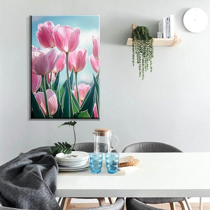 ATDMS Paint by Numbers Kit for Adults with Frame DIY Flowers Paint by Number with Easel Tulips Acrylic Oil Painting Kits for Wall Hanging Home Room Decor 7.87x11.81 Inch