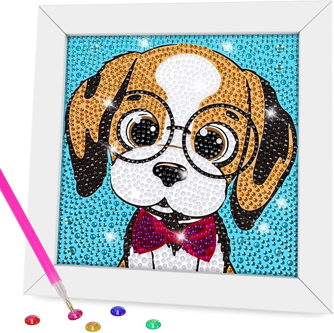 QEUOYSS Diamond Art Kit for Kids with Wooden Frame Art and Crafts for Kids Ages 6-8 -10-12 Easy to DIY Diamond Art for Kid and Adult Beginners Home Wall Decoration (Cute Dog)