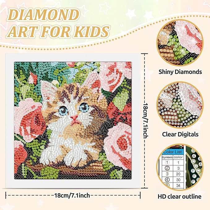 SENQAO Cat Diamond Art Kit for Adults with Frame Art and Crafts for Adults Ages 4-6-8-12 Easy to DIY Diamond Art for Adults and Adult Beginners Home Wall Decoration 7.1x7.1inch (Cat and Flower)