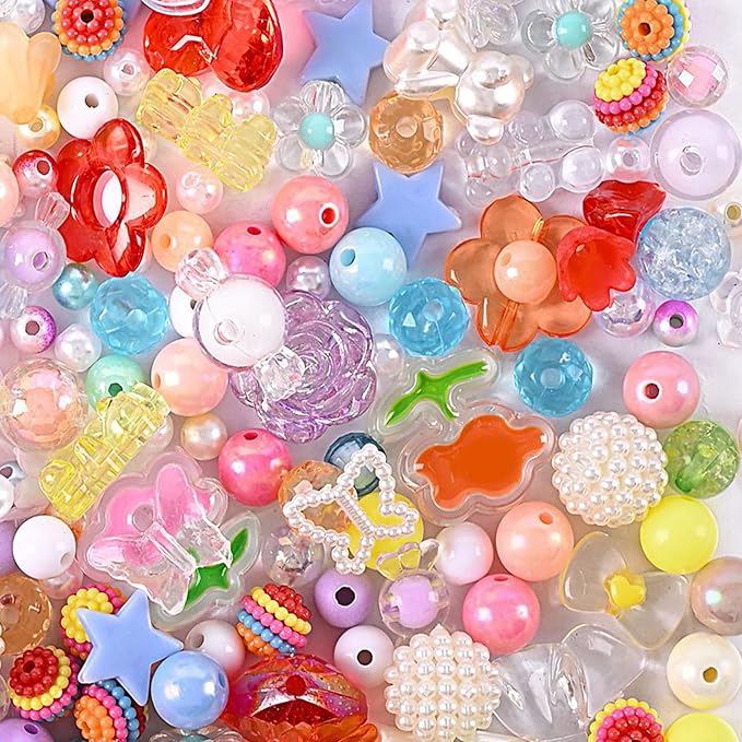 120Pcs Aesthetic Acrylic Assorted Beads Mix Color Pastel Beads Flower Heart Star Butterfly Candy Round Beads Plastic Beads Cute Beads Bulk for Bracelets Jewelry Making DIY Crafts Necklaces