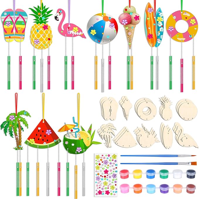 30 Pack Summer Wind Chime Making Kit for Adults Make Your Own Summer Wind Chime Beach Wooden Ornaments for DIY Crafts Activity Birthday Decoration