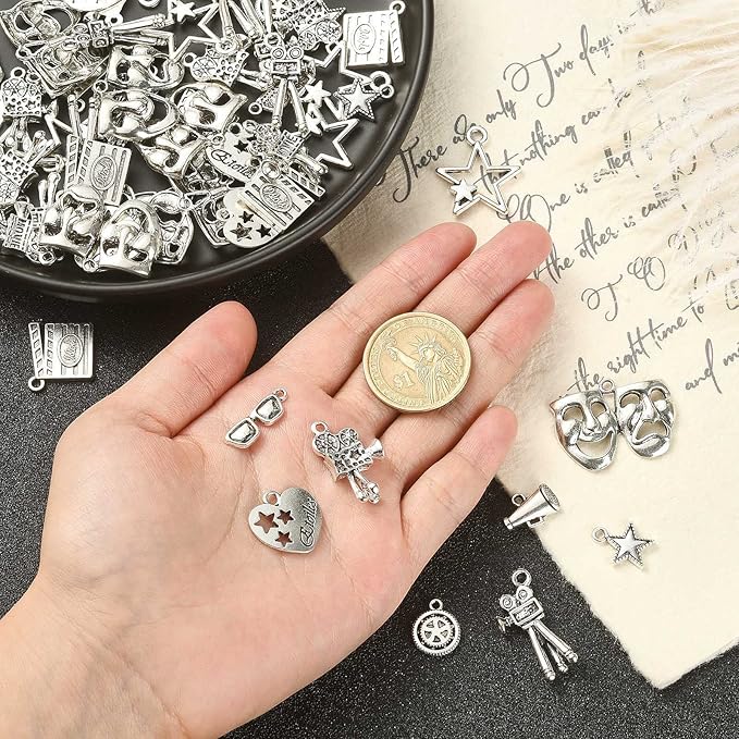 DanLingJewelry 100Pcs 10 Styles Hollywood Movie Charms Clapperboard Projector Movie Camera Mask Charms for Jewelry Making Bulk