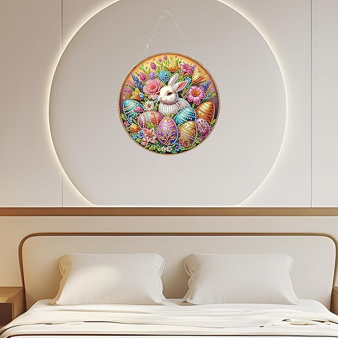 JJFox Rabbit Easter Egg Diamond Art Hanging Kit for Adult,Special Shaped Rhinestone,DIY Acrylic 5D Diamond Art Painting Window Pendants Home Garden Wall Hanging Kits Hanging Ornament,Double Sided