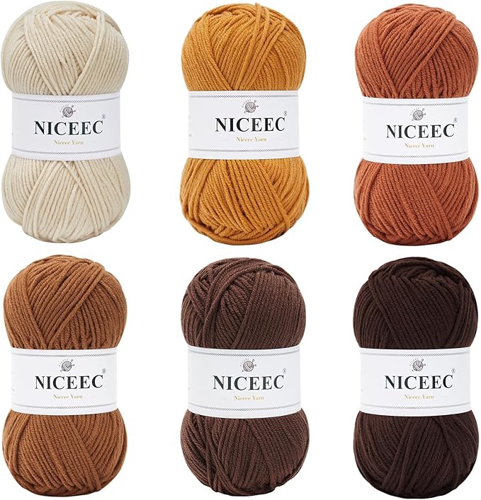NICEEC 300g Soft Assorted Colors Yarn - Sport Weight,100% Acrylic, 4 Ply, Bonbons Yarn for Crochet & Knit, DIY Project Starter Kit for Kids or Adults(Total 870yds) - Brown Series
