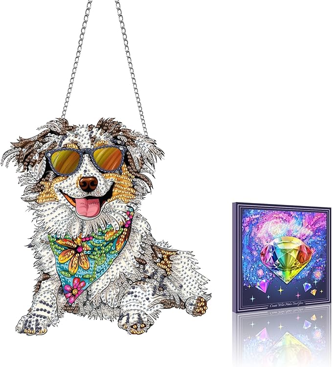 VAIIEYO 5D DIY Dog Diamond Art Hanging Ornament, Animal Diamond Painting Suncatchers Window Hanging Kit with Chain, 7.5x7.5 inch Crystal Pendant Art Craft for Gift Home Wall Front Door Decoration