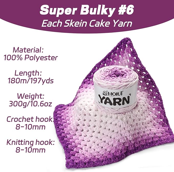 Blanket Perfect Ombre Cake Yarn - Baby Yarn for Crocheting Soft - 3 Pack of 10.6oz/300g - #6 Super Bulky - 197 Yards for Knitting, Crafts & Amigurumi, Chunky Chenille Yarn(3 Purple Tulip)
