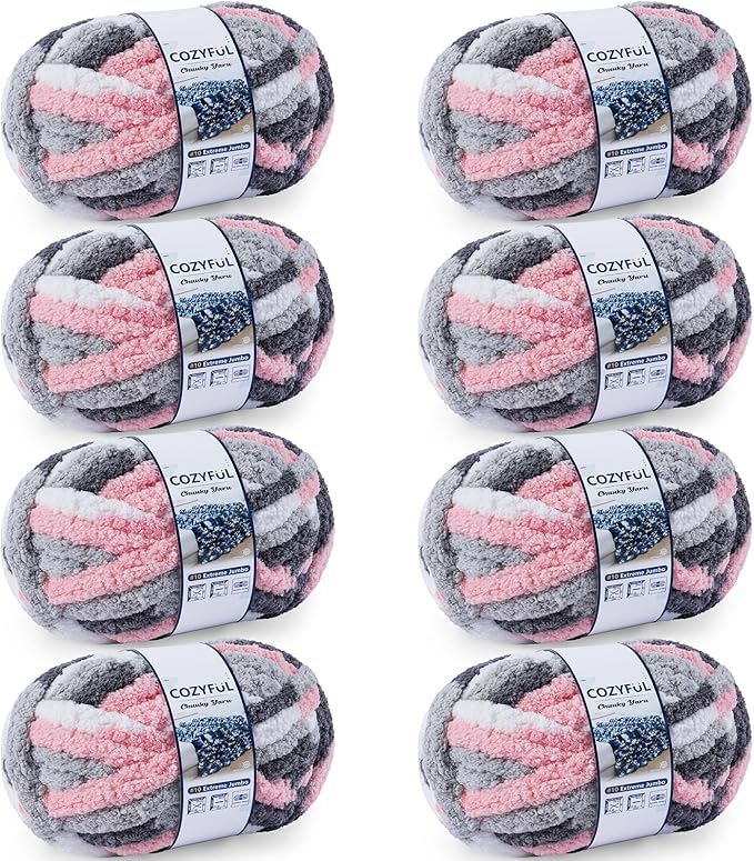 Chunky Yarn for Hand Knitting - #10 Chunky Chenille Blanket Yarn, Jumbo Big Thick Chunky Yarns for Crocheting, Tie Dye Bulky Knit Yarns, 8 Skein (25 yds 8 oz Each Skein), Pink & Grey & White