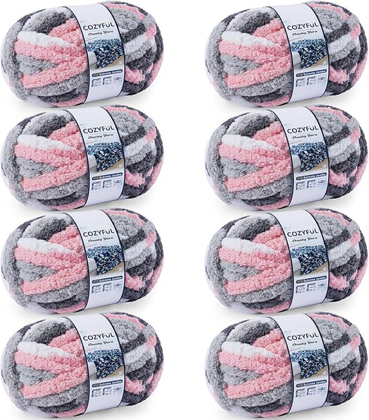 Chunky Yarn for Hand Knitting - #10 Chunky Chenille Blanket Yarn, Jumbo Big Thick Chunky Yarns for Crocheting, Tie Dye Bulky Knit Yarns, 8 Skein (25 yds 8 oz Each Skein), Pink & Grey & White