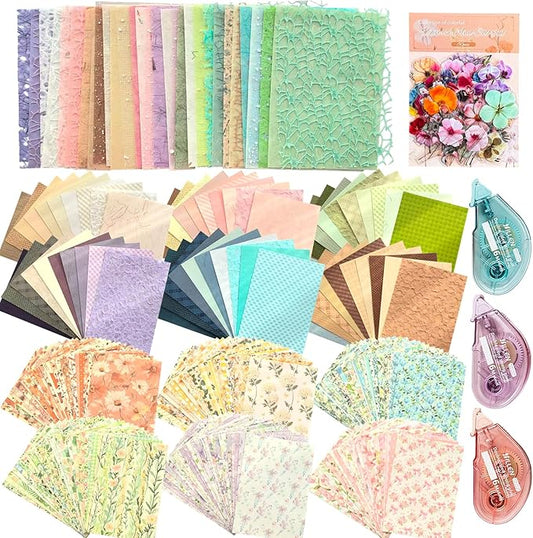 Flartmo Scrapbook Supplies Kit with 246 Sheets Textured & Floral Scrapbook Paper, 50 Pcs Flower Scrapbook Sticker & 3 Rolls Double-Sided Tape for Scrapbooking, Junk Journal, Card Making, Embellishment
