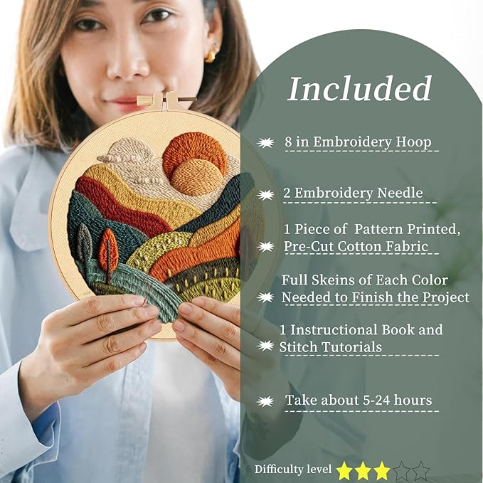 FONNUY Embroidery Kit for Beginners, Textured Vibrant Nature Landscape Pre-Stamped Pattern Kits for Adults with Hoop, Easy to Follow Color Thread Needlework, 8'' Hoop (Green 2)