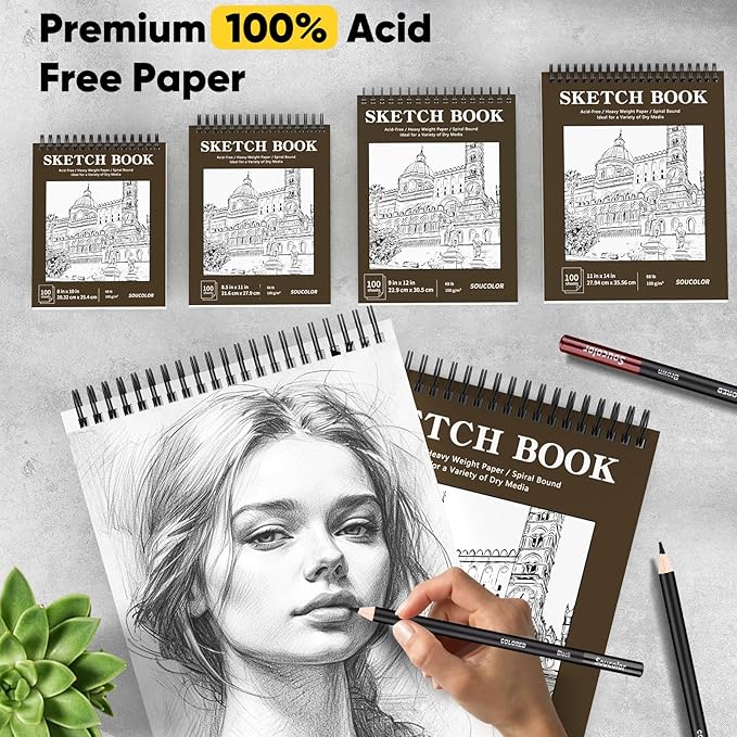 soucolor 8" x 10" sketch book, 100 sheets 8 x 10 sketchbook, 68 lb/100gsm 8" x 10" drawing paper, spiral bound sketch pad, art paper for drawing painting, art supplies gifts