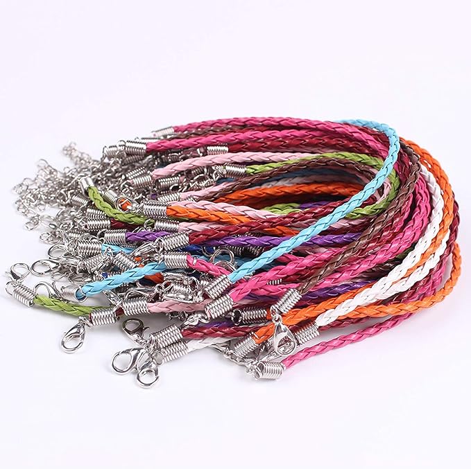 Onwon 50 PCS Mixed Color Leather Lace Plaited Bracelet Cords DIY Jewelry Making Handicrafts Braided Ropes with Lobster Clasps Extended Chain for Wrist Charms Bracelets Jewelry Making
