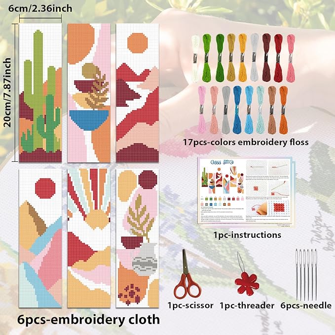 ACRNIGHEET 6PCS Cross Stitch Bookmark Kit for Beginner Boho Abstract Landscape Stamped Cross Stitch Kits for Adults Crossstitch Kits Adult Bookmarks with Instructions Hand Embroidery Craft Gift 11CT