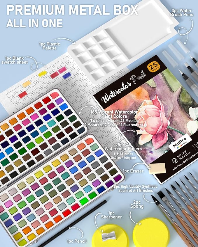 nicpro 168 colors watercolor paint set include metallic macaron candy fluorescent, 8 synthetic squirrel painting brushes, 25 water color paper, palette, art supplies kit for artist adult beginner with box