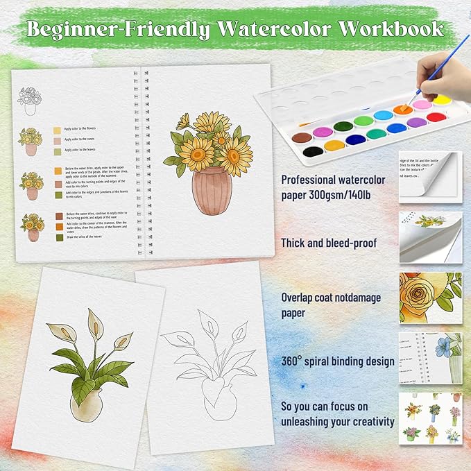 Beginners Watercolor Workbook for Adults -Step-by-Step Coloring Book Set-12 coloring book pages - Includes 16 color blocks and a brush - Professional Watercolor Paper: 300gsm/140lb (Bouquet)