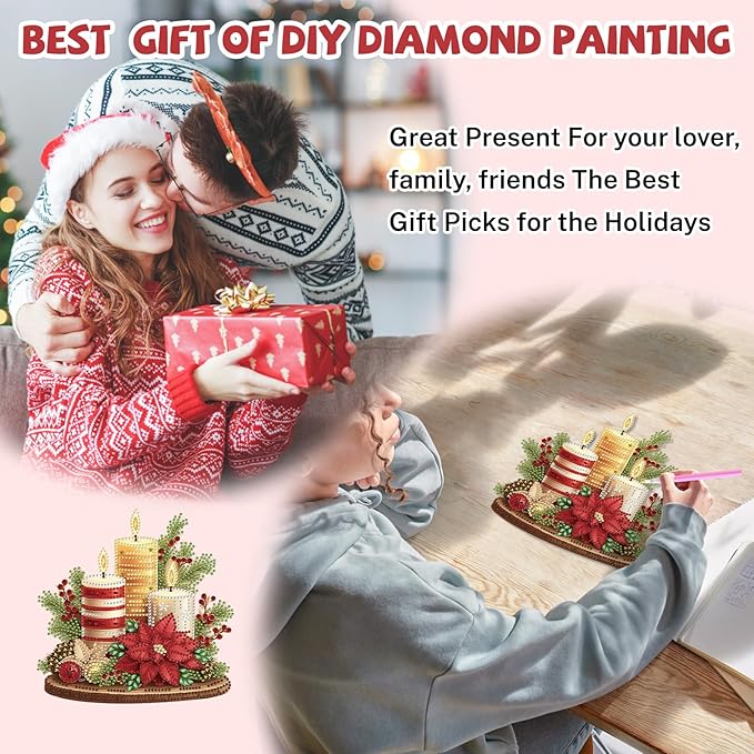 Bowetile Christmas Diamond Art Hanging Kits for Adults, Candle Diamond Art Suncatchers, 5D Special Shape Diamond Painting Pendant Window Ornament Christmas Gifts for Home Door Wall Decor