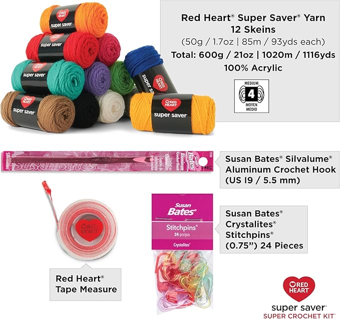 Red Heart Super Saver Super Yarn Crochet Kit with Accessories for Crochet & Knitting & Amigurumi Projects