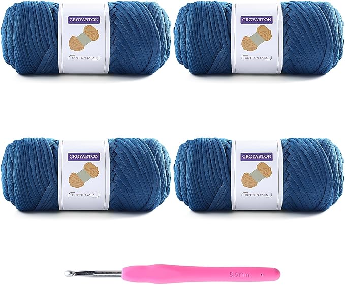 4 Pack Tshirt Yarn for Crocheting, Elastic T Shirt Spaghetti Thick Knitting Yarn Total Length 260 Yds for Crochet Bag Baskets Home Decor with 1 Crochet Hook (4-Dark Blue)