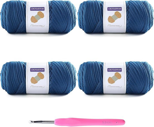 4 Pack Tshirt Yarn for Crocheting, Elastic T Shirt Spaghetti Thick Knitting Yarn Total Length 260 Yds for Crochet Bag Baskets Home Decor with 1 Crochet Hook (4-Dark Blue)