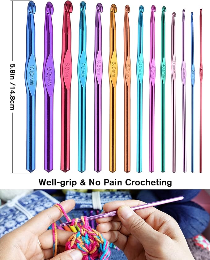 YOJOB Traditional 14 Sizes Crochet Hooks Kit, Super Smooth Crochet Needle for Beginners or Advanced (Coffee)