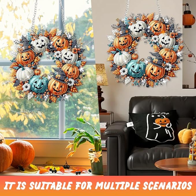 GAYISIC Diamond Art Hanging Kit for Adult, Double Sided 5D Acrylic Diamond Art Painting Window Pendants，DIY Acrylic Diamond Art Painting Window Pendants Home Garden Wall (Halloween Pumpkin)