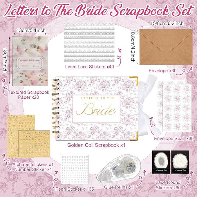 Humyoun Wedding Guest Book Letters to The Bride Scrapbook Wedding Memory Book Bridal DIY Blank Paper Scrapbook Photo Album Guest Sign with Pearl Stickers(8.5 x 7 Inch,Floral,Pink)