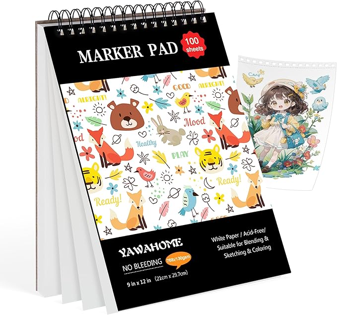 Marker Pad Sketch Book - 100 Sheets Drawing Pad Mixed Media Paper 130GSM Bleedproof Spiral-Bound Art Sketchbook for Alcohol Markers, Watercolor, Pencil & Ink Pens,Sketchpad Kids & Adults Gift