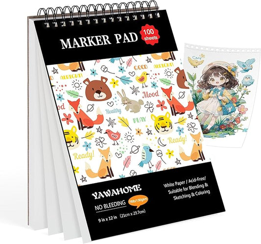 Marker Pad Sketch Book - 100 Sheets Drawing Pad Mixed Media Paper 130GSM Bleedproof Spiral-Bound Art Sketchbook for Alcohol Markers, Watercolor, Pencil & Ink Pens,Sketchpad Kids & Adults Gift