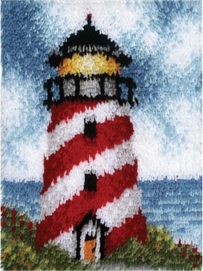 LUBOT 21" X 15" Lighthouse Latch Hook Kits for Adults Rug Pillow Cover with Printed Canvas Pattern Crochet Kit for Beginners
