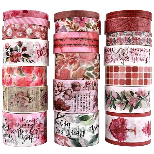 Washi Tape Set, 20 Rolls, Floral Washi Tape for Journaling, Decorative Tape for Scrapbooking, Junk Journal Supplies, Bullet Journaling, 5 Assorted Widths