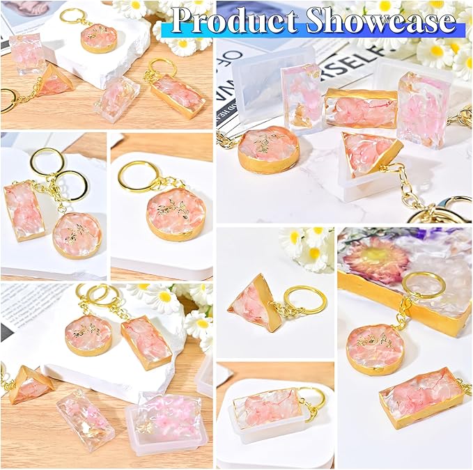 226Pcs Resin Keychain Molds Set - Triangle, Round, Square, Rectangle Ripple Pendant Molds with Keychain Accessories, Perfect Epoxy Resin Silicone Molds for DIY Jewelry Making