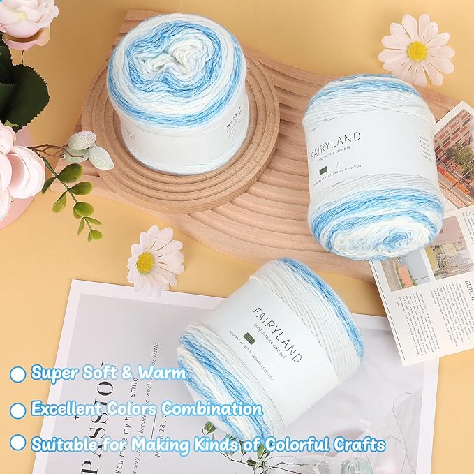 Aeelike Gradient Yarn for Crocheting, 3 Skeins Cake Yarns 100g (3.52 oz) 245m (267 Yards) # 3 Light Weight Super Soft Ombré Yarns for Making Blanket Scarves Sweaters, Blue White Gradient