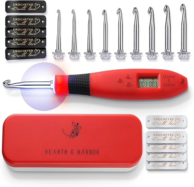 Hearth & Harbor Light Up Crochet Hook Set with Case, Counting Crochet Hook Set Digital for Stitch and Row Counter, Lighted Crochet Hook Set with 9 Interchangeable Crochet Hooks