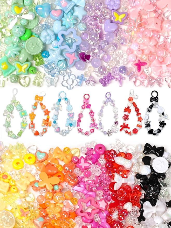 HSONAIGEE 450-540 Pieces Acrylic Beads for Bracelet Making, Assorted 9 Colors Cute Beads Charms Jewelry Making Kit Flower Heart Gummy Bear Star Beads for DIY Crafts Phone Charms Necklace Keychains