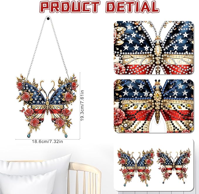 KEYIFA American Flag Hanging Diamond Art Painting Kits for Adults and Kids Age 8-12, 5D Special Shape Diamond Dots Kit Butterfly, Crystal Gem Painting Art Crafts for Window, Wall, Door, Garden Decor