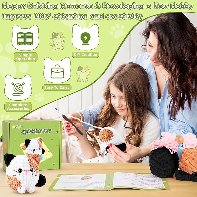 Cat Crochet Kit for Beginners-Calico Cat Crochet Kits for Adults Kids, Crochet Starter Kit with Step-by-Step Video Tutorials,Crochet Animal Kits Learn to Crochet Kits for Adults Kids