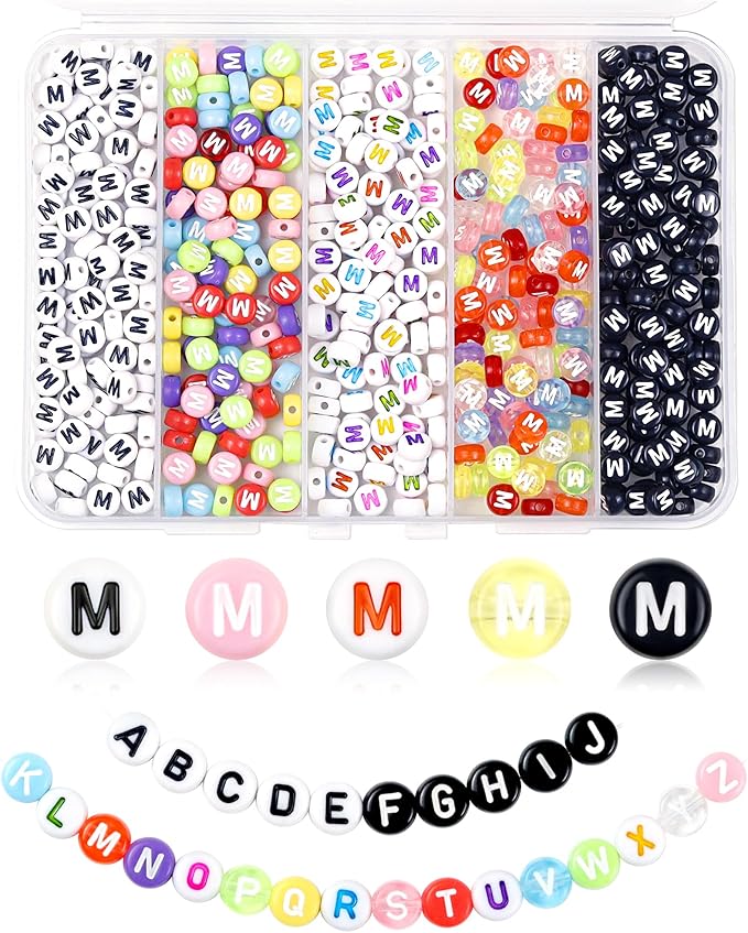 500PCS FIVEIZERO Letter M Beads, 4x7mm Colored Round Letter Beads, Acrylic Assorted Alphabet Beads for Friendship Bracelet Making and DIY Crafts
