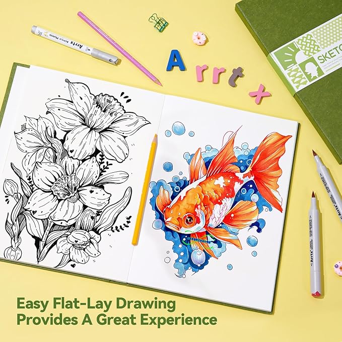 Arrtx A4 Sketchbook, Lay Flat Hardcover Sketch Book(120 Pages) 180GSM/90lb, Acid-Free Art Sketchbook for Artist, Students and Beginners